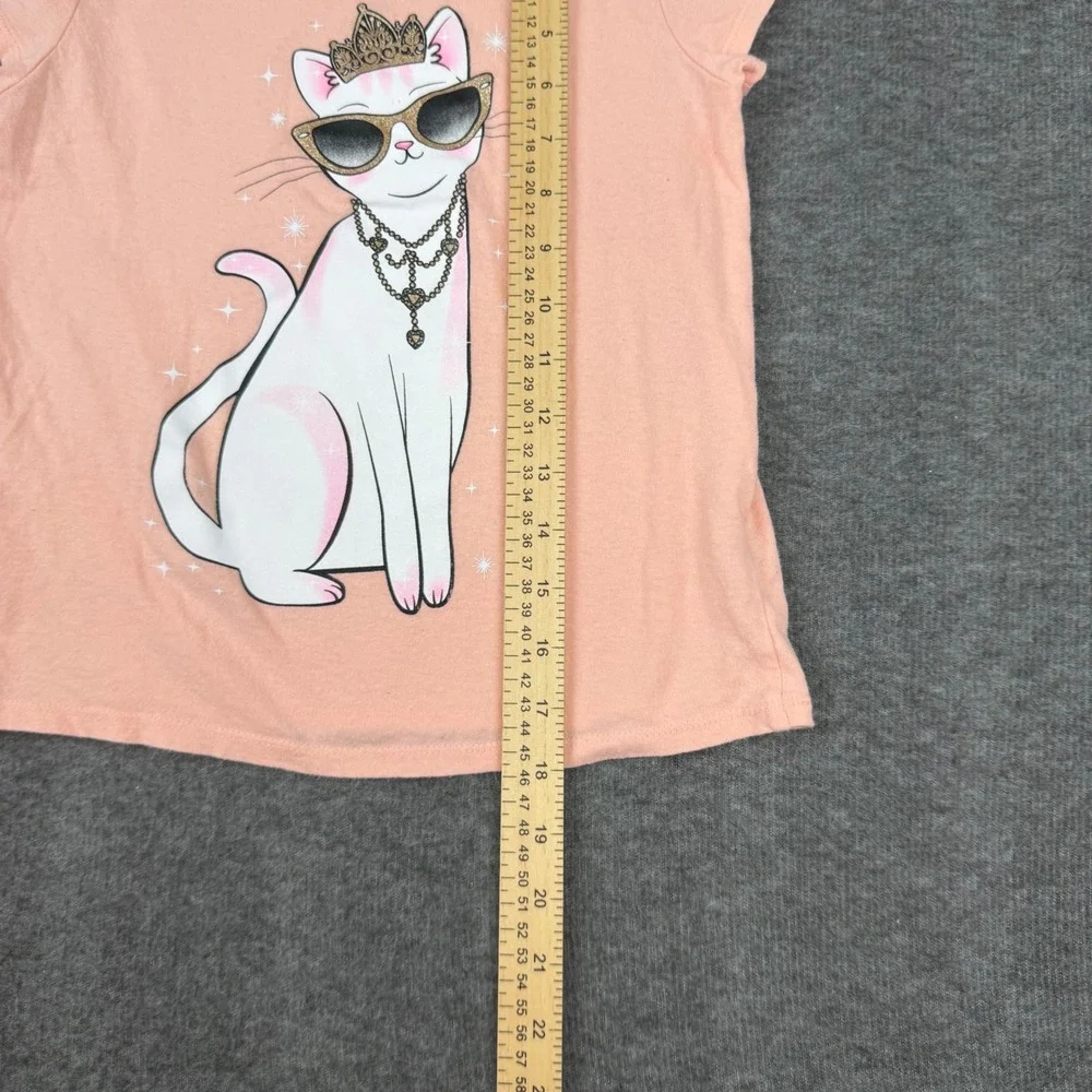 The Children's Place Graphic Tee Kids Size 7/8 Peach Cat Tiara Sunglasses Cotton